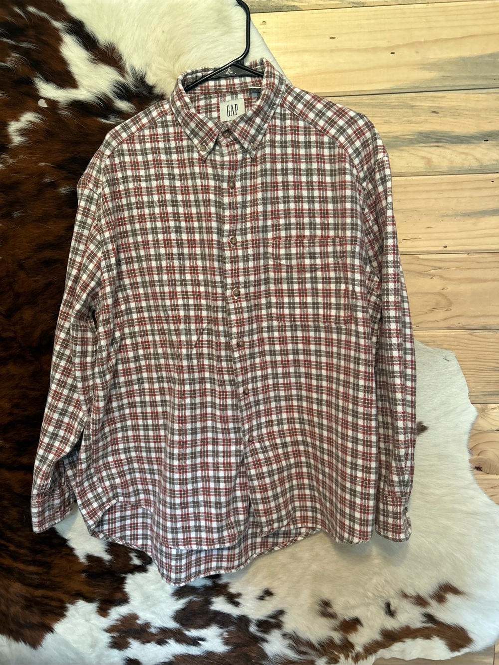 Vintage GAP Plaid Flannel Shirt Large Red Grey 100% Cotton Grunge 90s